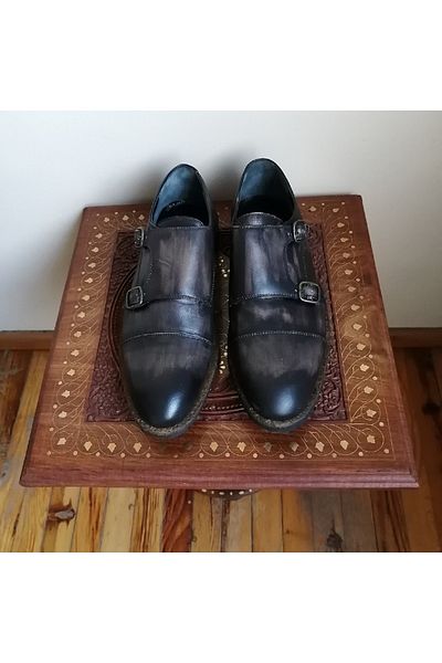 Butik Tülin Unisex Genuine Leather Anthracite Antique Double Buckle Non-Slip Rubber Sole Shoes