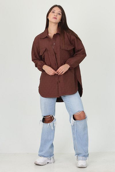 Neşeli Butik Дамска кафява риза с джобове и голям размер Ry10055