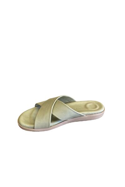 Pierre Cardin PC-7106 Γνήσιο δέρμα σταυρωτό λεπτομερή καθημερινή ορθοπεδική σόλα γυναικείες παντόφλες πράσινες