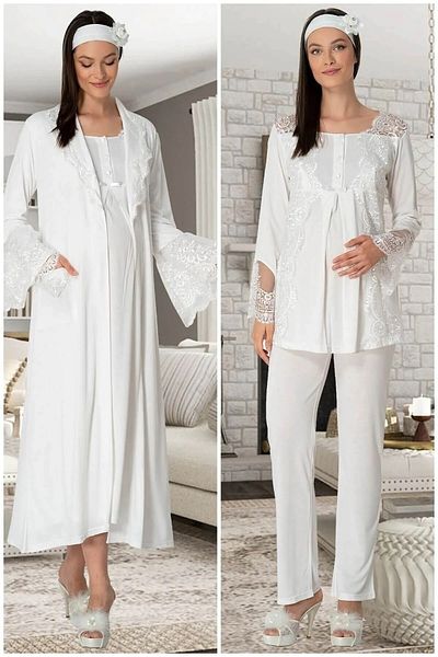 Mecit Pijama طقم بيجامة نوم للحوامل مكون من 4 قطع مصنوع من القطن بنسبة 75% وشريط شعر فيسكوز بنسبة 25% هدية