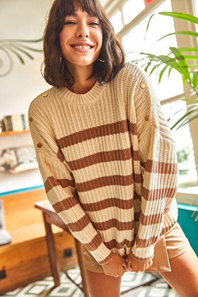 Olalook Women's Ecru Camel Shoulder Button Detailed Striped Oversize Knitwear Sweater KZK-19000529