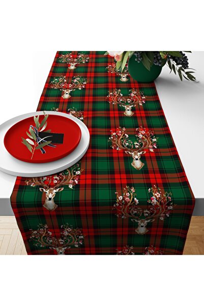 Tataroğlu Dijital Kumaş Yılbaşı Runner-yılbaşı Ekose Zeminli Geyikli Runner