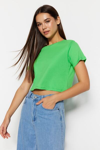 Trendyol Collection Μπλε-πράσινο 2 Πακέτο 100% Cotton Crop Πλεκτό T-shirt TWOSS20TS1480