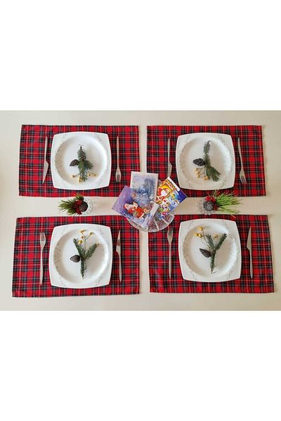 TİLLEM HOME New Year's American Service Set of 4 Red Plaid 30x45