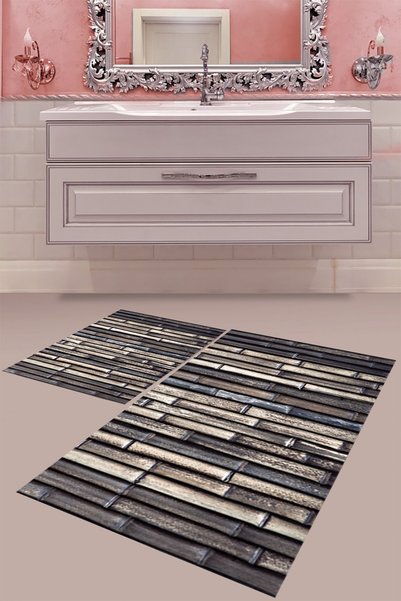 MABEBA TEKSTİL Gray Wood Look Digital Print Washable Non-Slip Base Modern Bat...
