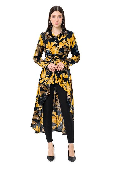 DISENTIS MODEST Scurtă față lungă spate cu curea galbenă cu modele florale cămașă tunică pe negru
