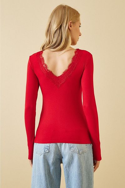 laughs Women's Red Long Sleeve Lace Detailed Front Back V-Neck Camisole Blouse Blz2022