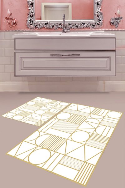 MABEBA TEKSTİL White Geometric Patterned Digital Printing Washable Non-Slip B...