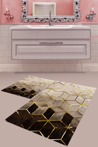 MABEBA TEKSTİL Gold Black Cube Striped Digital Printing Washable Non-Slip Bas...