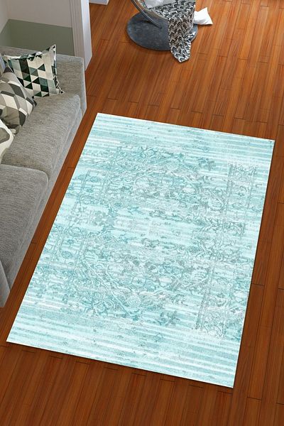 Miray Tekstil Catifea de matase culoare albastru deschis model etnic husa elastica covor