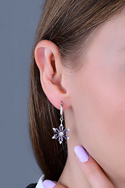 KAR DİAMOND Amatist Mor Damla Taşlı Kamelya Lotus Çiçeği Küpe