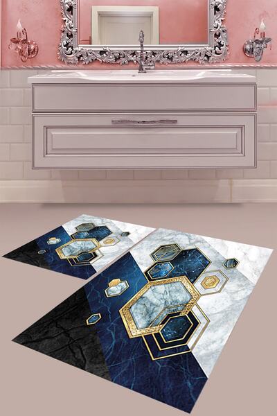 MABEBA TEKSTİL Blue Geometric Patterned Digital Printing Washable Non-Slip Ba...