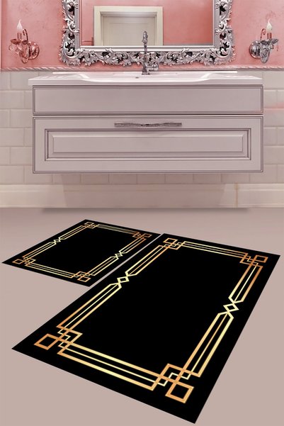 MABEBA TEKSTİL Black Striped Digital Print Washable Non-Slip Base Modern Bath...