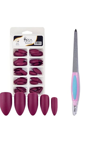 SİSA Cosmetics Profesyonel 100'lü Kutulu Badem Mat Bordo Takma Tırnak Ve Tekl...