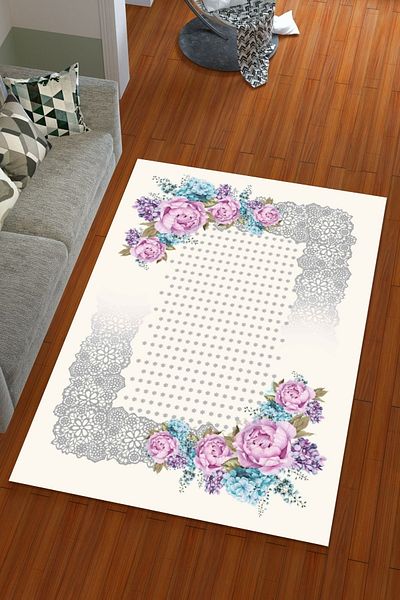 Miray Tekstil Silk Velvet Beige Color Lace Big Flower Pattern Elastic Carpet Cover