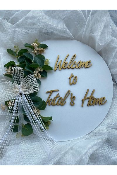 HOBİ55 Στολίδι πόρτας Welcome Ξύλινο Φύλλο Ευκάλυπτου Λευκό Δώρο 23-5