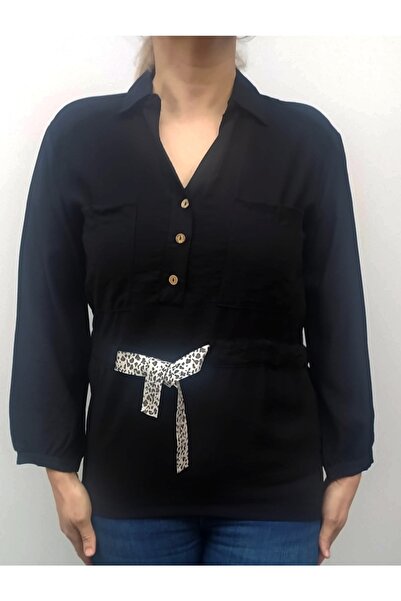 Hepsibitarz Kadın Siyah Leopar Kemer Detaylı Bluz