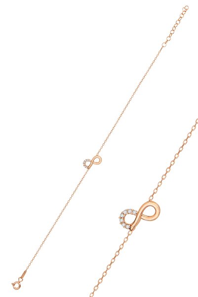 Bilsen Store 925 Ayar Gümüş Zincirli Rose Kaplama Beyaz Taşlı Sonsuzluk Model Bileklik