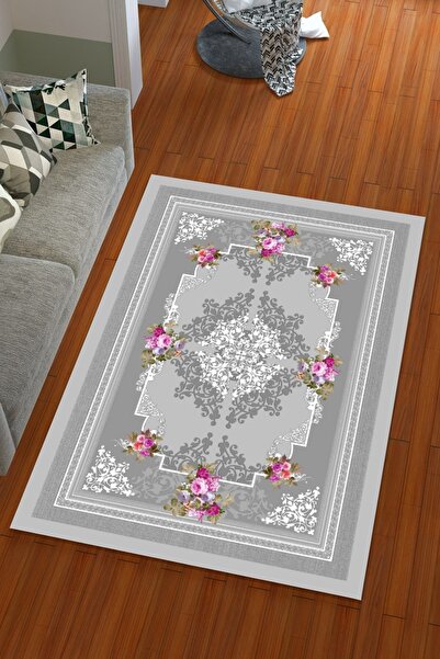 Miray Tekstil Ipek Kadife Gri Renkli Göbekli Desen Lastikli Halı Örtüsü