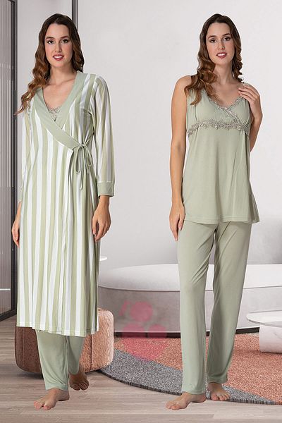 lohusahamile Effortt 9034 Green Striped Maternity Pajamas Set with Dressing Gown