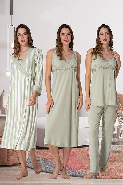 lohusahamile Effortt 9036 Green Striped Maternity Set of 4 with Dressing Gowns