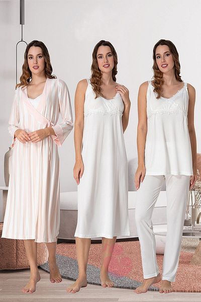 lohusahamile Effortt 9036 Ecru Striped Maternity Set of 4 with Dressing Gown