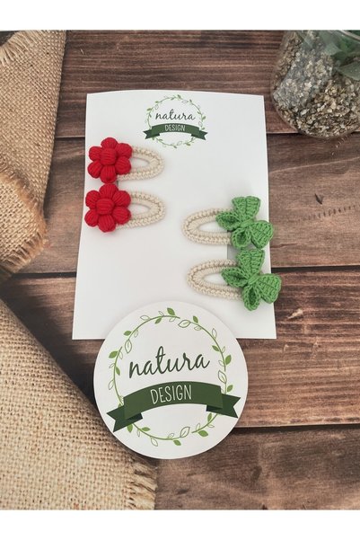 NATURA DESİGN 4-Piece Knitted Snap Buckle Set - Bow and Daisy Model