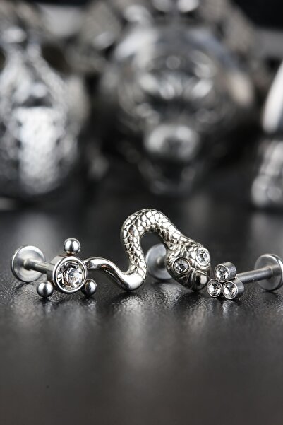 Valhalla 316l Cerrahi Çelik Kıkırdak Tragus Helix Zirkon Taş Labret 3'lü Set Piercing 6 Mm