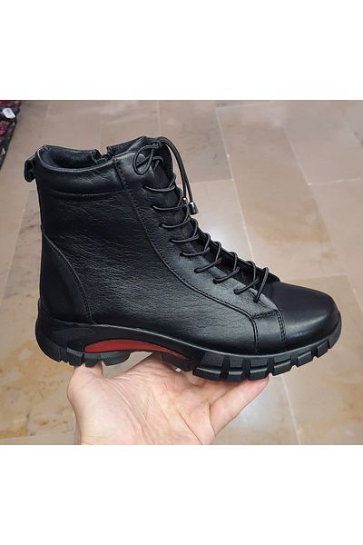 BELOX Women's Genuine Leather Orthopedic Non-Slip Waterproof Black Casual Boots with Expandable Rubber Laces in the Middle