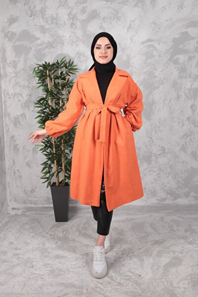 Aranlı tekstil Belted Women's Hijab Coat with Gathered Sleeves
