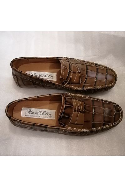 Butik Tülin Unisex Genuine Calfskin Light Brown Crocodile Print Tape Non-Slip Rubber Snap Sole Loafer
