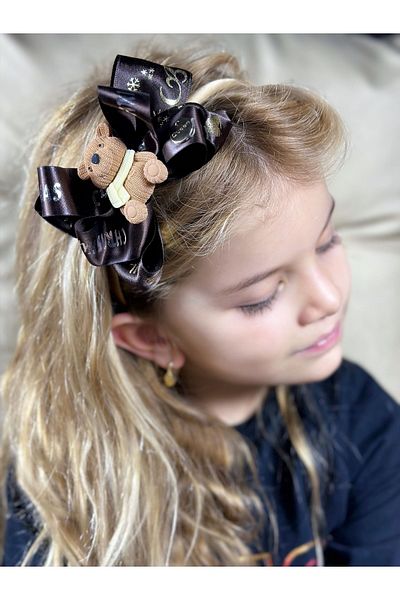 QUEEN AKSESUAR New Year's Eve Brown Gold Patterned Sayen Bow Teddy Bear Decorated Crown