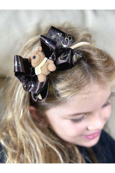 QUEEN AKSESUAR New Year's Eve Brown Gold Patterned Sayen Bow Teddy Bear Decorated Crown