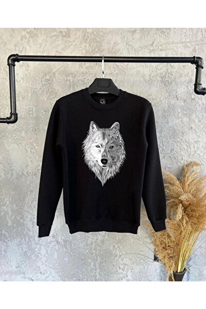 Tarzsokak Hanorac unisex din bumbac, fără glugă, cu imprimeu Alpha Wolf, negru