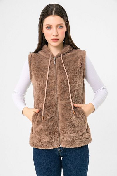 EtkiModa Дамски плюшен жилет с качулка и без ръкави от норка