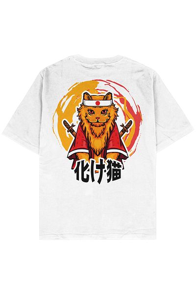 AyveGa Tricou unisex oversize alb Samurai Cat