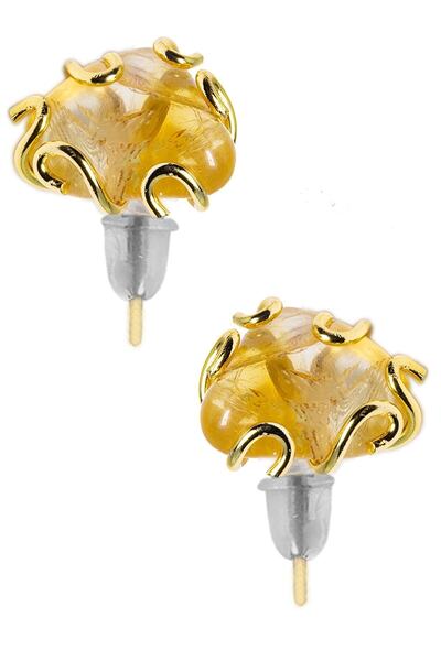 Tesbih Atölyesi Sertifikalı Doğal Sitrin Taşı Küpe (24k Altın Kaplama)