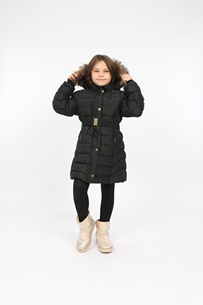 B&T Kız Çocuk Siyah Ekstra Yumuşak Dolum Kapüşonu Suni Kürk Peluşlu Içi Suni Kürklü Mont Kaban