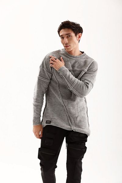 THIMOON Men's Gray Crew Neck Knitwear Sweatshirt