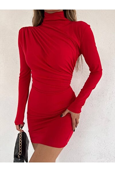 Mekafashion High Collar Skirt and Shoulder Pleat Dress 10026 Red