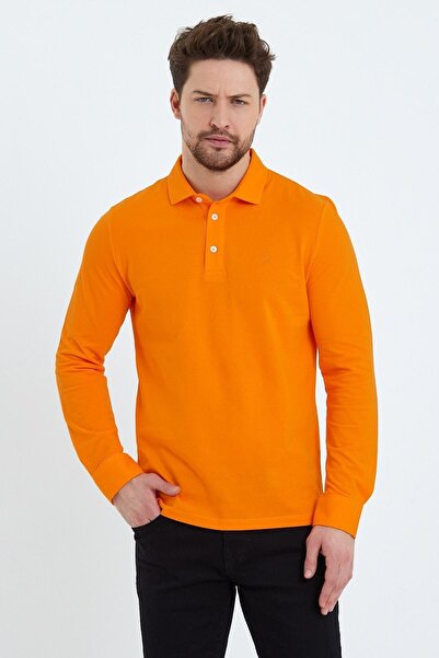 ENQUE Tricou portocaliu de bază cu mânecă lungă, cu gât polo, confortabil