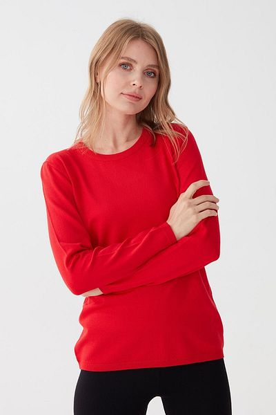 Desen Triko Long Sleeve Lycra Basic Blouse - Crew Neck, Coral 0240015