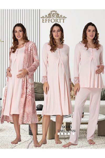Effortt Maternity Sleepwear Set with Lace Detail Sleeves and Dressing Gowns, Maternity Set