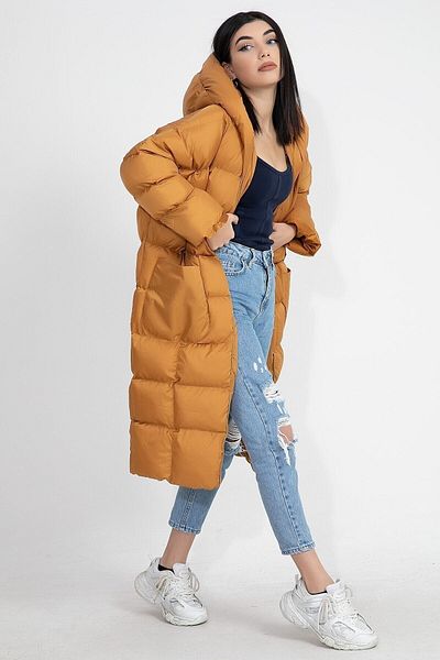 d dnz fashion Palton puf lung supradimensionat cu glugă de culoare muștar pentru femei