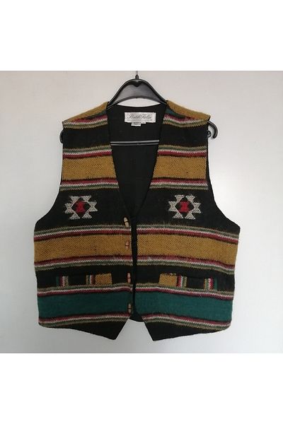 Butik Tülin Wool Multi-Colored Striped Double Pocket Lined Wooden Button Vest