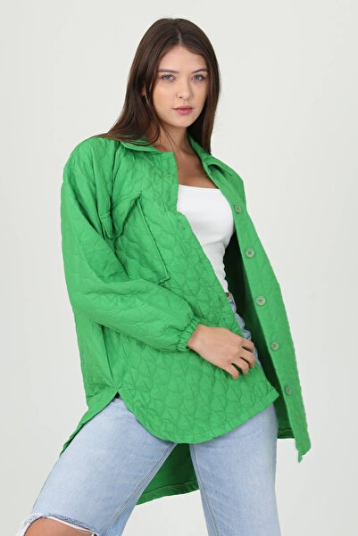 Neşeli Butik Ženska zelena Sa detaljem džepa jakna košulja velikog izmera Ry1...