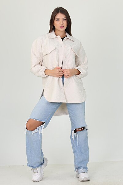 Neşeli Butik Γυναικείο μπεζ πουκάμισο με λεπτομέρεια τσέπης Owersize Jacket R...