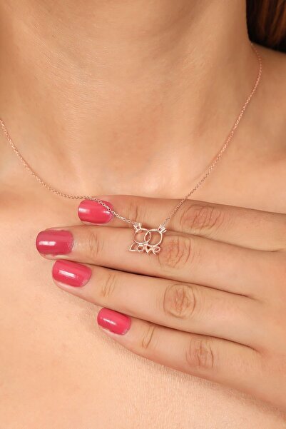 KAR DİAMOND 925 Ayar Gümüş Rose Kaplama Beyaz Zirkon Taşlı Nişan Yüzüklü Gümüş Kolye