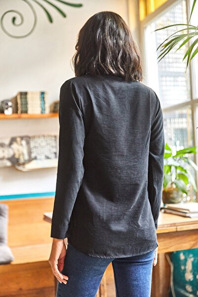 Olalook Kadın Siyah Taşlanmış Kupra Dokuma Gömlek GML-19001058