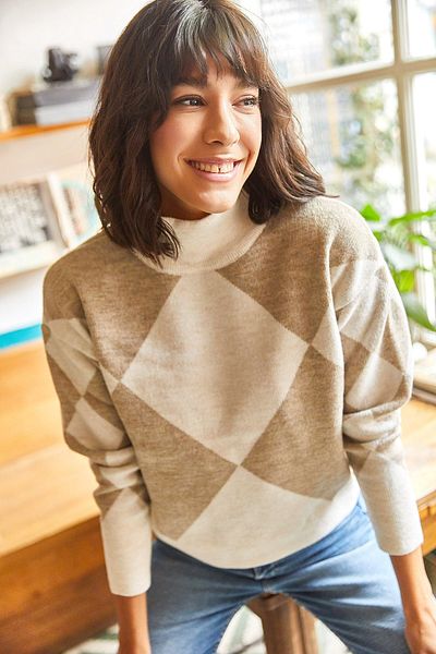Olalook Damen Ecru Stone Half Fisherman Weicher strukturierter dicker Strickpullover KZK-19000526